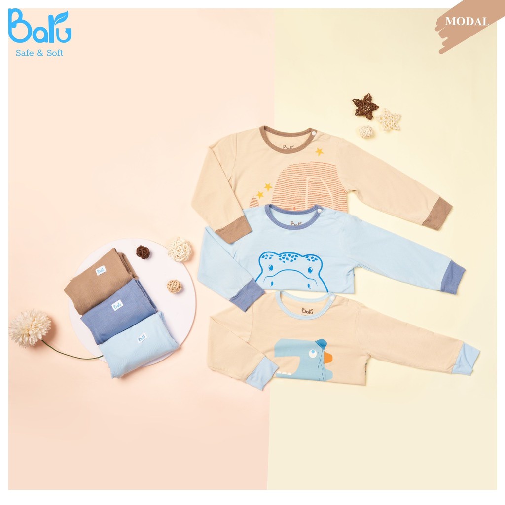 Bộ Baru Modal dài tay in thú cho bé trai bé gái