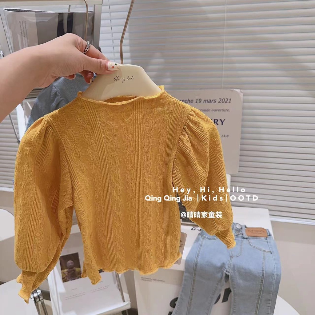 Áo Dệt Kim Tay Phồng Phối Ren Phong Cách Hàn Quốc Thời Trang Mùa Thu Mới 2023 Cho Bé Gái 80-150CM