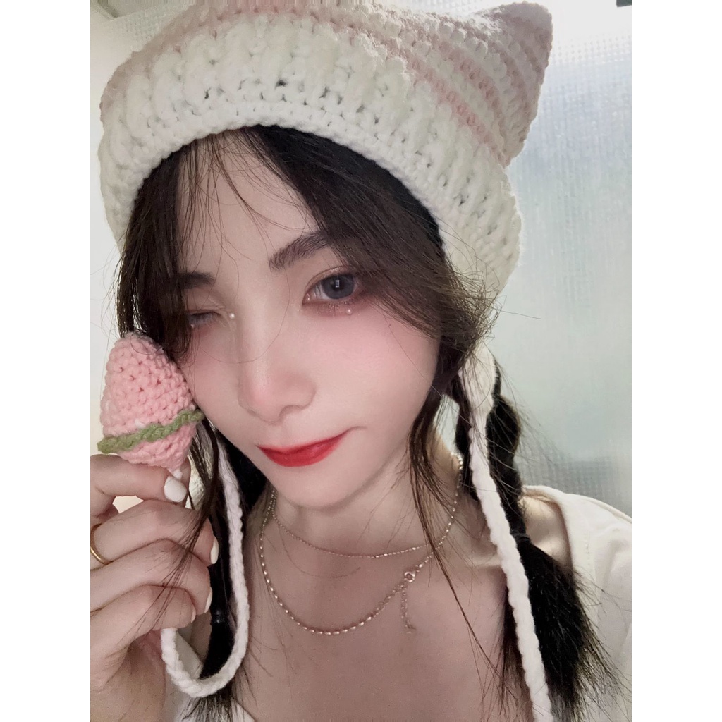 Mũ Len Trùm Tai Họa Tiết Kẻ Sọc Đính Tai Mèo Dễ Thương Thời Trang Thu Đông
