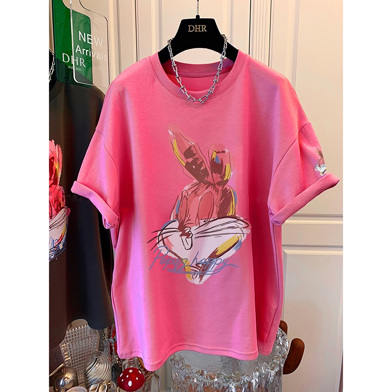 O 100% cotton nón t-shirt ngắn tay đơn giản của phụ nữ ngoại cỡ phiên bản hàn quốc mùa hè mới lỏng lẻo tees thỏ dễ thương phim hoạt hình in cô gái béo áo khoác nữ baju