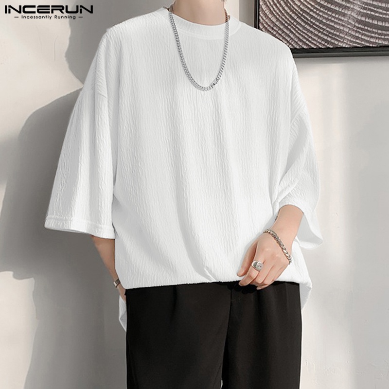 Áo thun INCERUN cổ tròn tay ngắn màu trơn phong cách Hàn Quốc dành cho nam