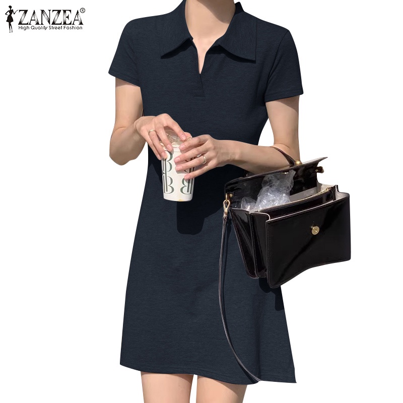 Đầm dệt kim ZANZEA cổ polo tay ngắn thời trang đơn giản dành cho nữ