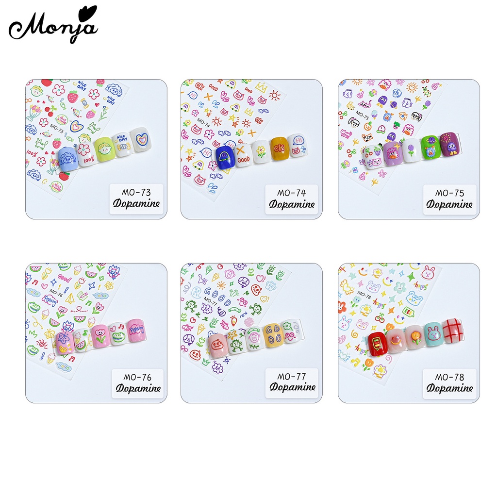 Hình dán móng dopamine MONJA tự dính họa tiết hoạt hình nổi 5D 6 kiểu dáng dễ thương trang trí nghệ thuật