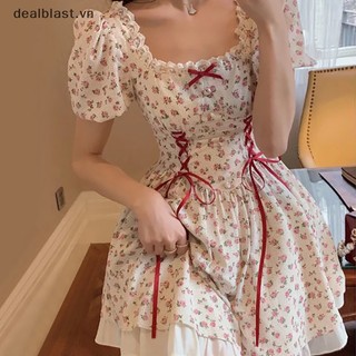 [sk] Floral mini dress women puff sleeve flare shirring design phong cách pháp váy sinh nhật thanh lịch sk