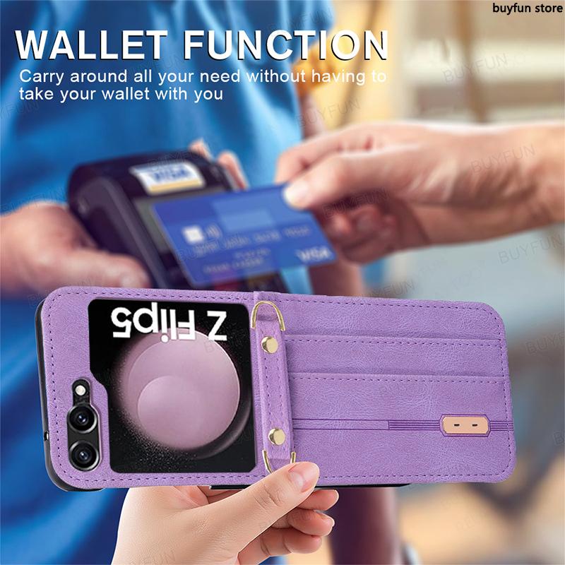 Shockproof Card Slot Leather Case for Samsung Galaxy Z Flip 5 5G zflip5 Anti-Scratch Protective Phone Cover with Lanyard