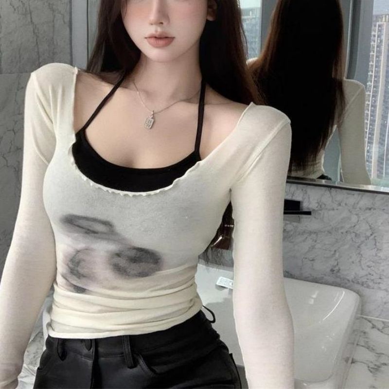 Áo Thun Tay Dài 2 Dây Dáng Ôm Thời Trang Hàn Quốc Dành Cho Nữ