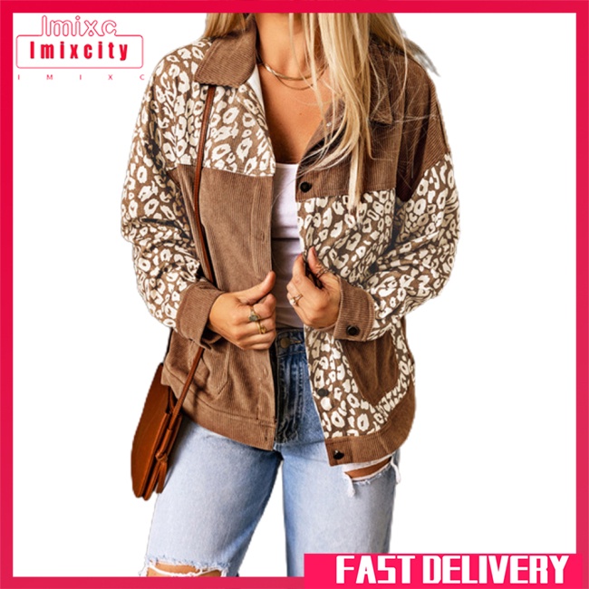 Imixcity 100% polyester áo khoác mới cho phụ nữ họa tiết da báo khâu rời ve áo giản dị áo khoác ngắn bằng vải nhung
