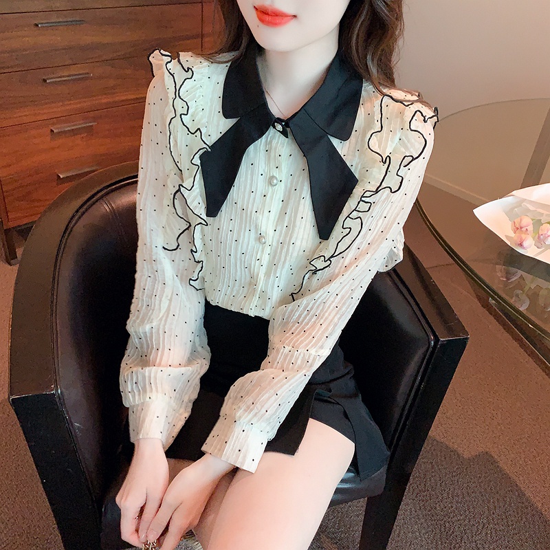 Áo Sơ Mi Tay Dài Họa Tiết Chấm Bi Màu Sắc Tương Phản Thời Trang Mùa Thu Cho Nữ