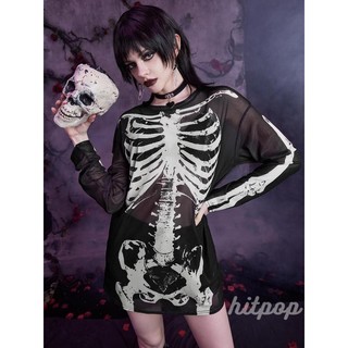 Hitpop-áo thun dài lưới Halloween dành cho nữ dài tay cổ tròn in hình đầu lâu Gothic