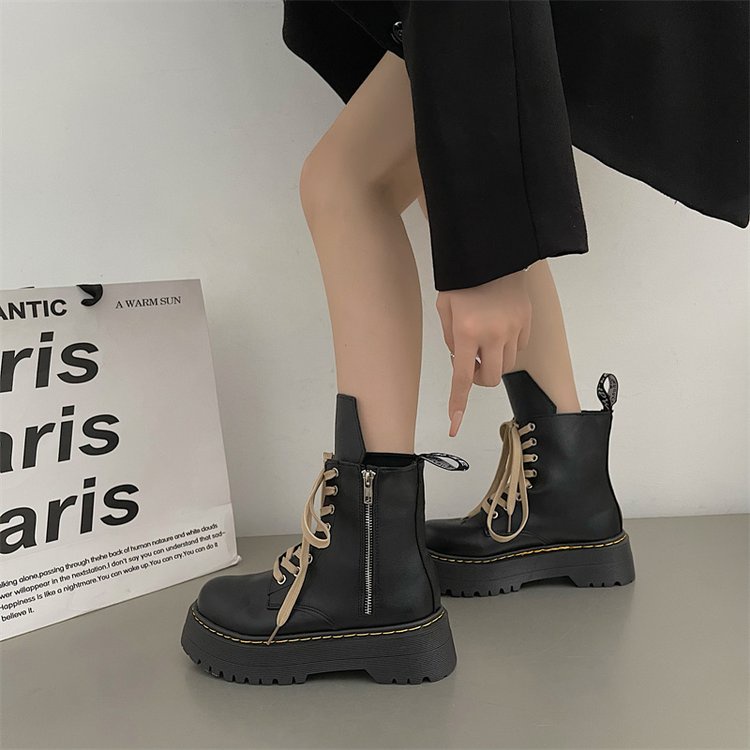 Blackpink cùng phong cách pu nền tảng ngón chân tròn đế martin boots phong cách anh niche ins side zipper dày đế thời trang boots nữ