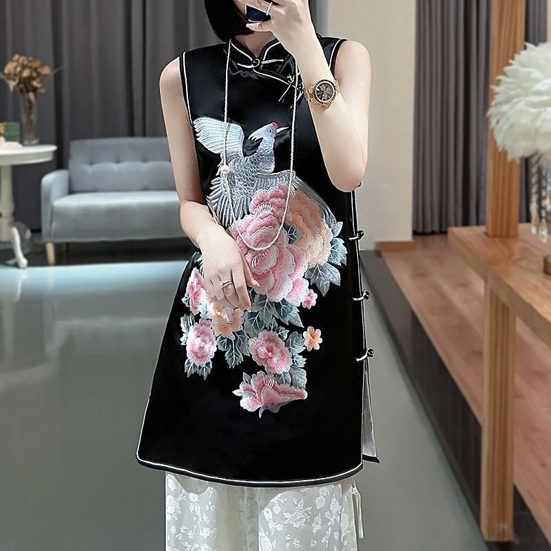 Mới Đầm Sườn Xám Không Tay Dáng Rộng Thêu Họa Tiết Phong Cách Trung Hoa Chất Lượng Cao