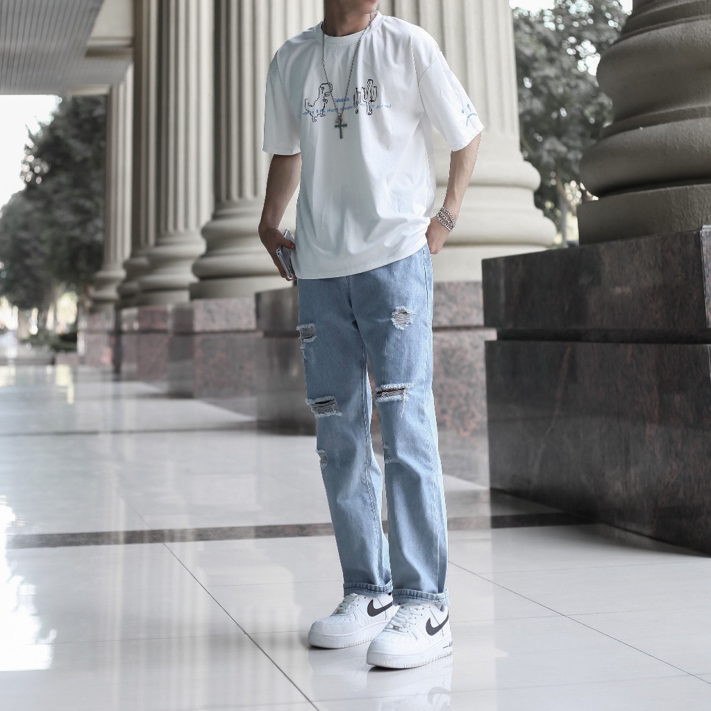 Quần jean rách nam nữ unisex dáng baggy phom rộng  màu xanh nhạt chuyensiluxury hà nội hcm