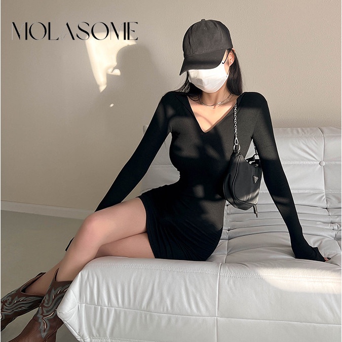 Molasome women 2023 v cổ rắn màu dài tay áo váy ôm gợi cảm