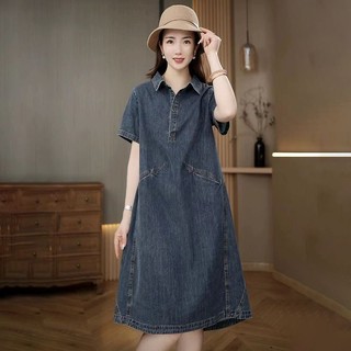 Polo cổ áo của phụ nữ ăn mặc cộng với kích thước rắn màu khâu váy denim