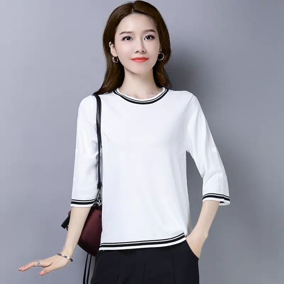 Áo Thun Tay Lửng Dáng Rộng Bằng Lụa Lạnh Mỏng Màu Trơn Thời Trang Mùa Hè Hàng Mới Dành Cho Bạn Nữ