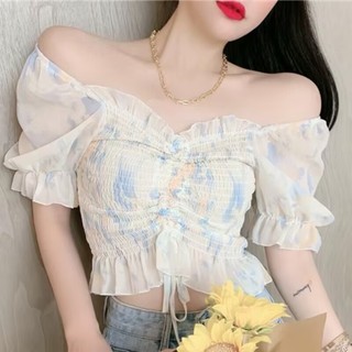 Thời trang mùa hè Fluffy dây rút áo sơ mi voan Puff tay áo dây rút ren-Up T-Shirt phụ nữ hàng đầu hka010