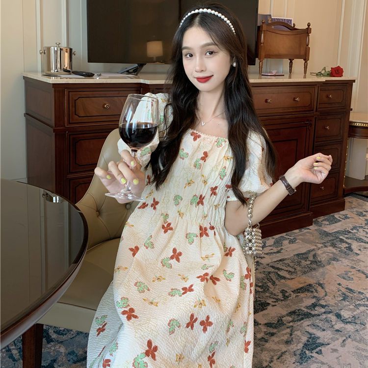 Đầm Cổ Vuông Tay Phồng In Họa Tiết Phong Cách Hàn Quốc Thời Trang Mùa Hè Xinh Xắn Cho Nữ