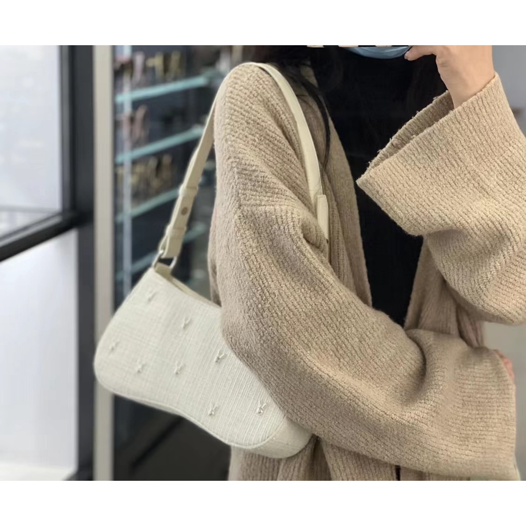 Cnk Túi đeo dưới cánh tay / Đeo Một Cánh Tay / Đeo Một Bên Vai Bằng Vải Tuýt Có Mùi Thơm Đính Ngọc Trai Hình Tai Thỏ Nhỏ