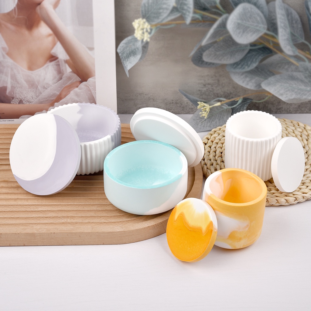 Khuôn Silicone Làm Lọ Thạch Cao / Xi Măng Hình Tròn Kẻ Sọc Kèm Nắp Đậy DIY