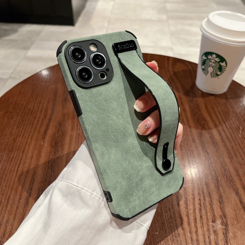 Ốp Điện Thoại Da PU Mềm Bảo Vệ Bốn Góc Gắn Dây Đeo Cổ Tay Làm Vòng Đỡ iPhone 13 12 11 14 Pro Max XR XS X 8 7 Plus