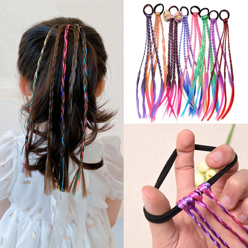 [Đặc trưng] Dây Buộc Tóc Giả Thắt Bím Nhiều Màu Sắc Bằng Cao Su Co Giãn Dành Cho Bé Gái