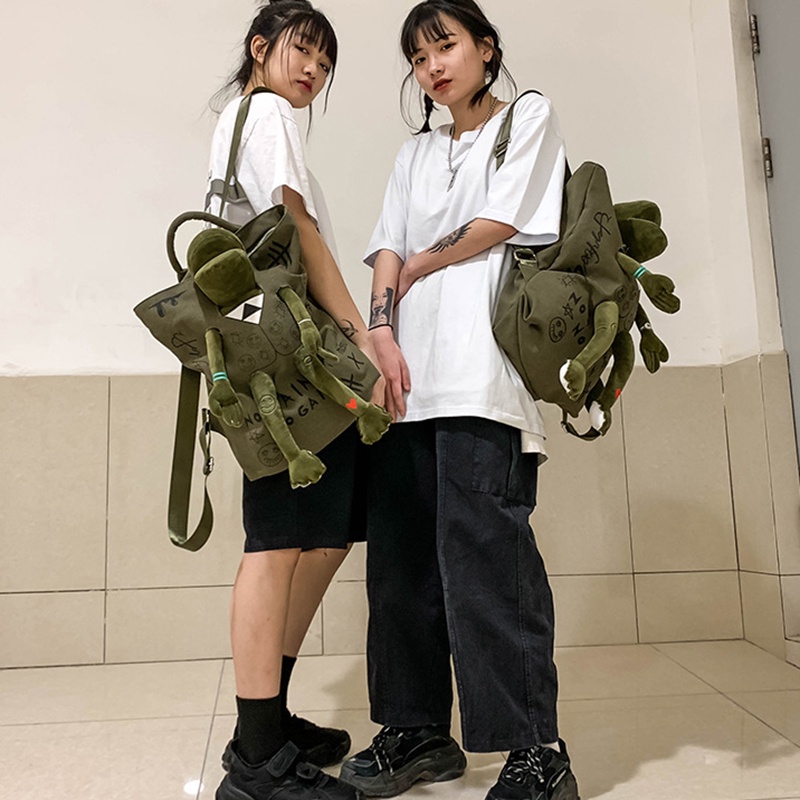 Ielgy Ba Lô Vải canvas Hình Ếch Xanh Phong Cách Hàn Quốc Cho Nam