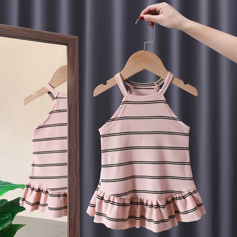 Đầm Cotton Hai Dây Họa Tiết Kẻ Sọc Thời Trang Mùa Hè Cho Bé Gái