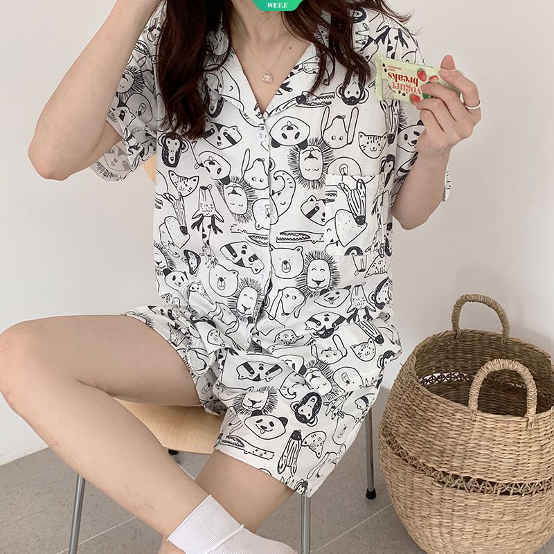 Bộ Đồ Ngủ Tay Ngắn In Họa Tiết Hoạt Hình Động Vật Dễ Thương Thời Trang Mùa Hè 2023 Cho Nữ