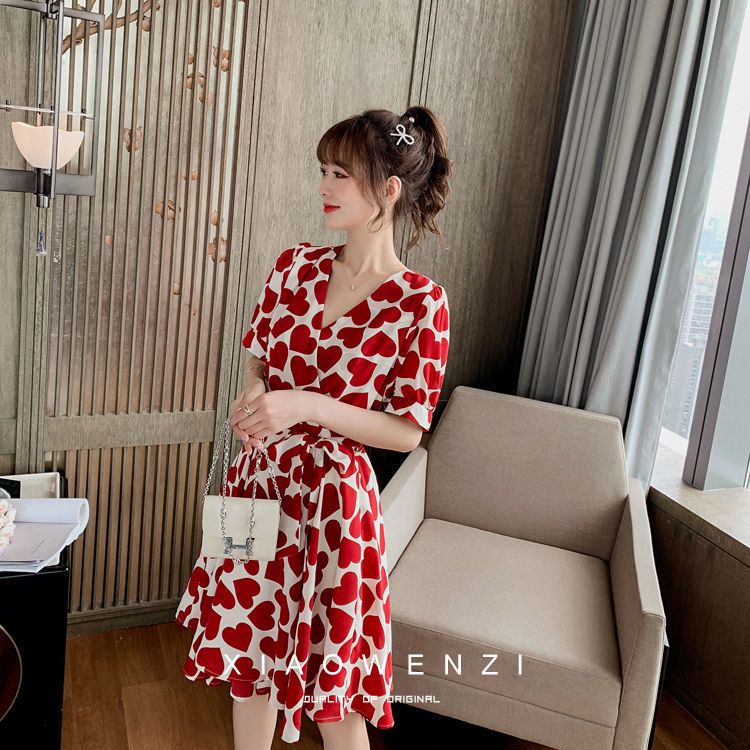 Đầm Chiffon Dáng Chữ A Cổ Chữ V Họa Tiết Chấm Bi Xinh Xắn Thời Trang Mùa Hè Cho Nữ