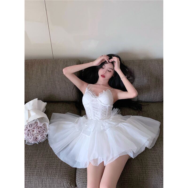 Set Áo Hai Dây + Chân Váy Lưới Màu Trắng Thiết Kế Mới Thời Trang Mùa Hè 2023 Theo Phong Cách Hàn Quốc