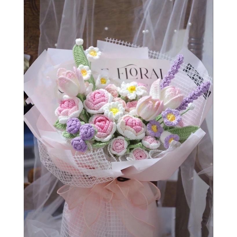 🎁Giao hàng nhanh chóng💝Bó Hoa Hồng Đan Len Thủ Công diy Xinh Xắn