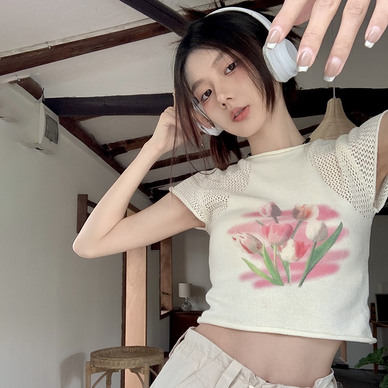 Áo Croptop Dệt Kim Tay Ngắn In Họa Tiết Xinh Xắn Cho Nữ