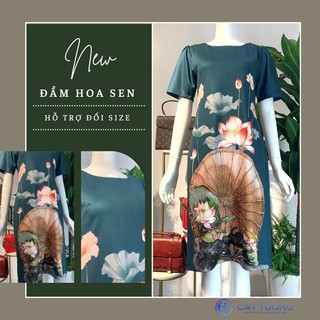 Đầm kiểu thiết kế sang trọng họa tiết hoa sen xanh lạ mắt tặng bà, tặng mẹ đầm hoa sen - Thời trang Cát Tường