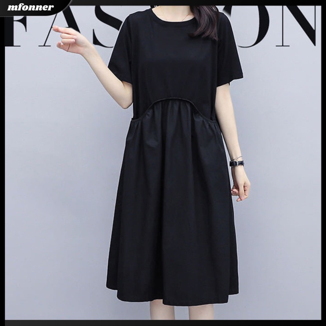 Đầm Chữ A Tay Ngắn Cổ Tròn Màu Sắc Đơn Giản Thanh Lịch Dành Cho Nữ