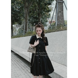 ✨đầm dập ly✨váy dập li chân cổ phối cúc chờ leo