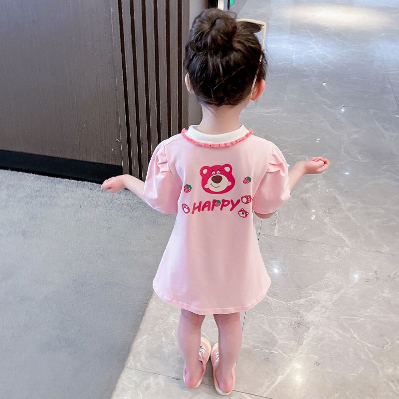 Mới Đầm Thun Polo Tay Ngắn In Hình Gấu Và Dâu Tây Phong Cách Phương Tây Thời Trang Mùa Hè 2023 Dành Cho Bé Gái