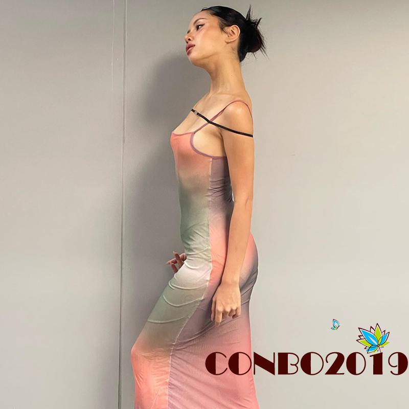 Đầm Hai Dây Cổ Thuyền Eo Cao Họa Tiết Màu Nhuộm Thời Trang Mùa Hè Cho Nữ