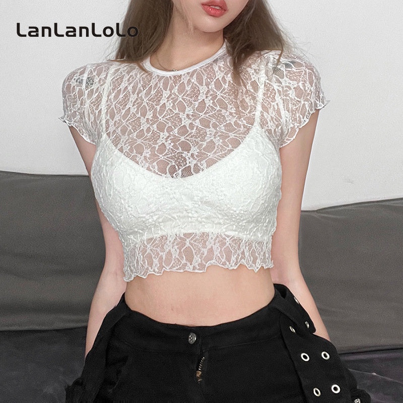 Áo thun LanLanLoLo tay ngắn cổ tròn màu trơn phối lưới nhìn thấu thời trang 2023 cho nữ