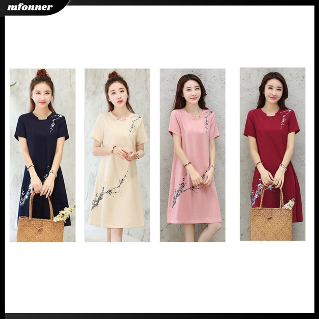 Đầm Midi Tay Ngắn Dáng Rộng In Họa Tiết Cổ Điển Thời Trang Cho Nữ