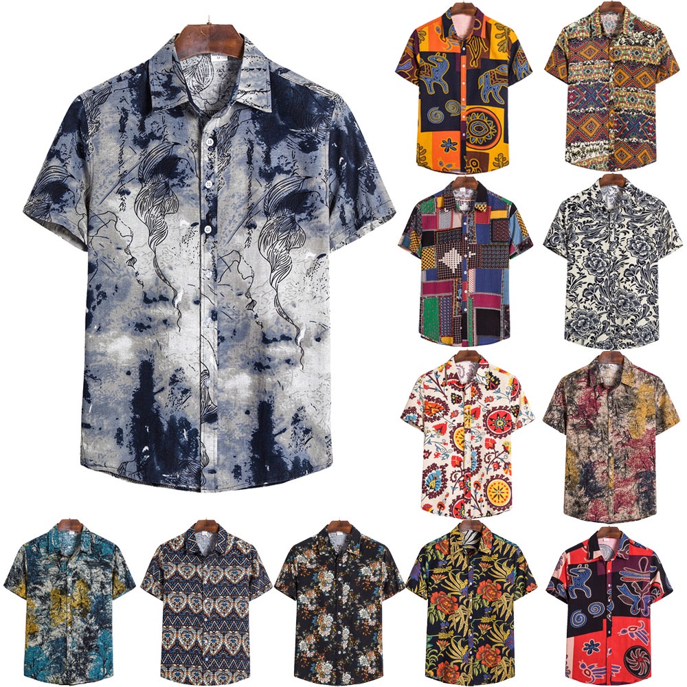 Áo Sơ Mi Tay Ngắn In Họa Tiết Thổ Cẩm Phong Cách Hawaii Thời Trang Đi Biển Cho Nam