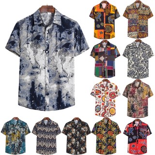 Áo sơ mi tay ngắn in họa tiết thổ cẩm phong cách hawaii thời trang đi biển cho nam