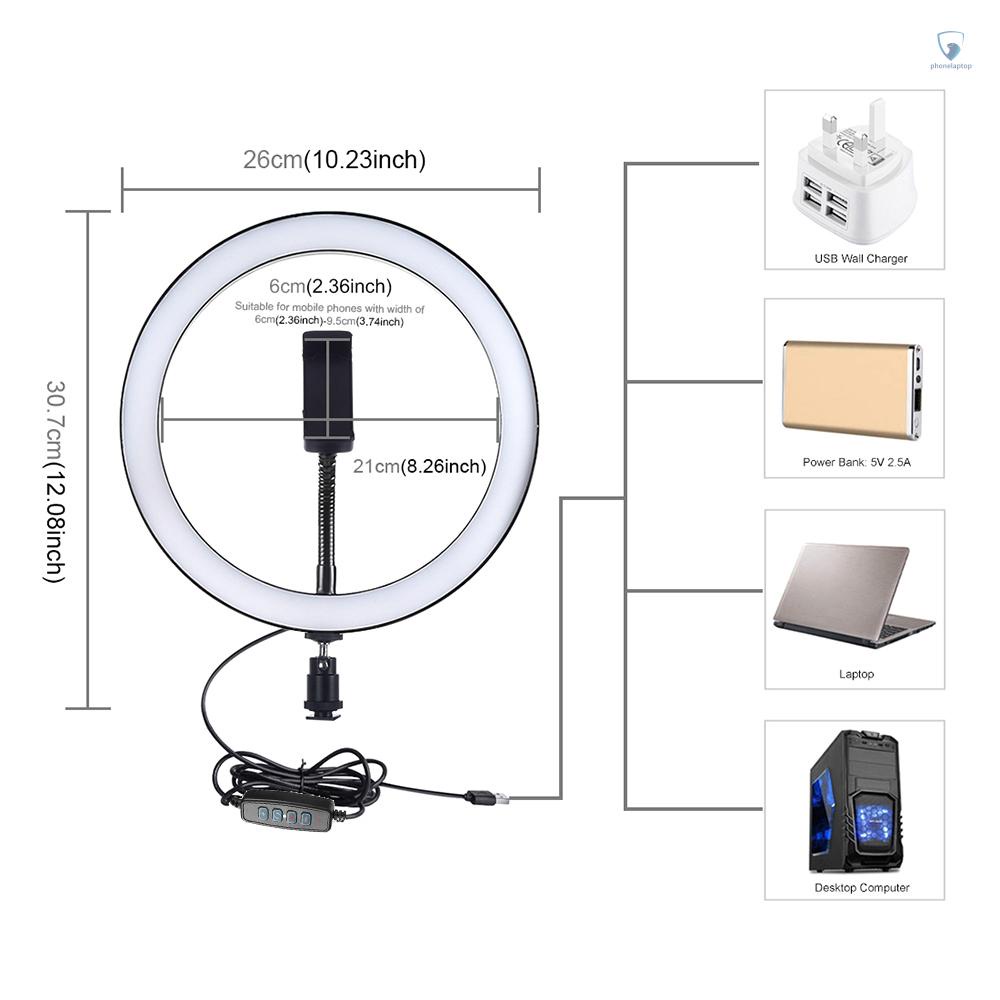 Đèn LED Tròn 10 "Có Thể Điều Chỉnh Độ Sáng Kèm Giá Đỡ Điện Thoại Di Động Hỗ Trợ Quay Video / Phát Trực Tiếp