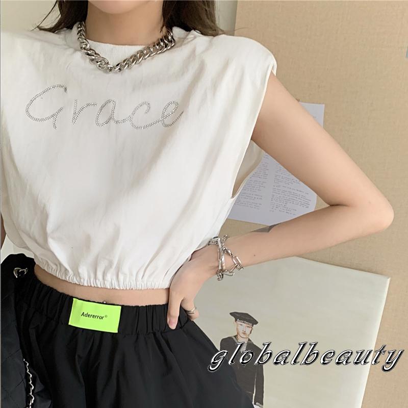 Áo Croptop Sát Nách Cổ Tròn Dáng Rộng In Chữ Đính Đá 00GB Cho Nữ