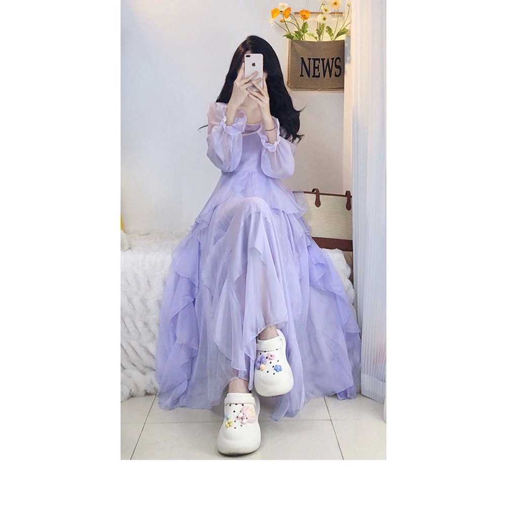 Đầm Maxi Màu Tím Phong Cách Vintage Thời Trang Cho Nữ