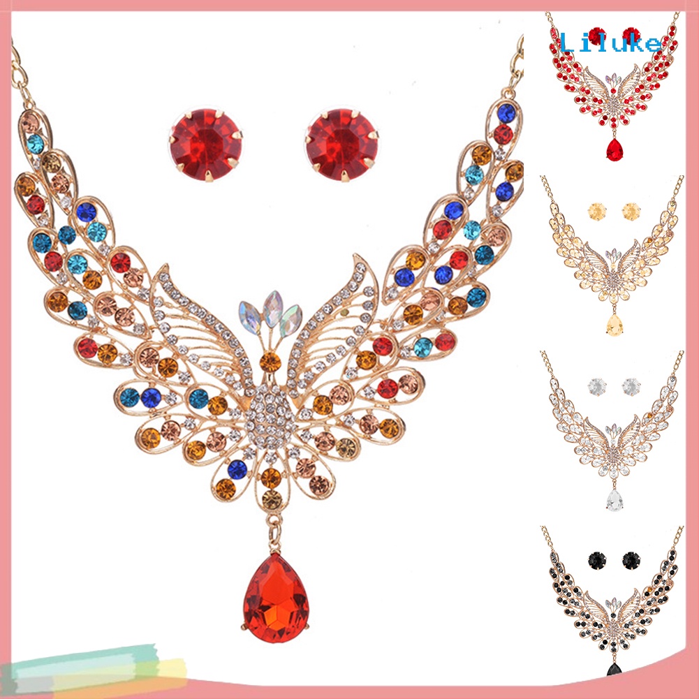 Bộ Trang Sức Vòng cổ Và Bông Tai Hình Chim Công Đính Đá Nhiều Màu Sắc