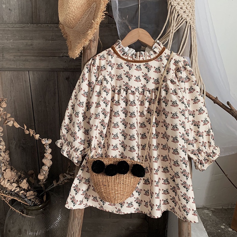 Đầm Tay Dài Cổ Ren Họa Tiết Hoa Phong Cách Hàn Quốc Cho Bé Gái Aku