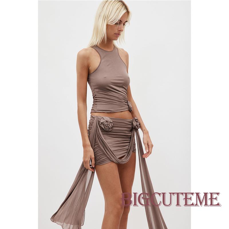 Bộ Áo Lưới 2 Dây Tua Rua + Chân Váy Ngắn Dáng Ôm Quyến Rũ Cho Nữ Y2k