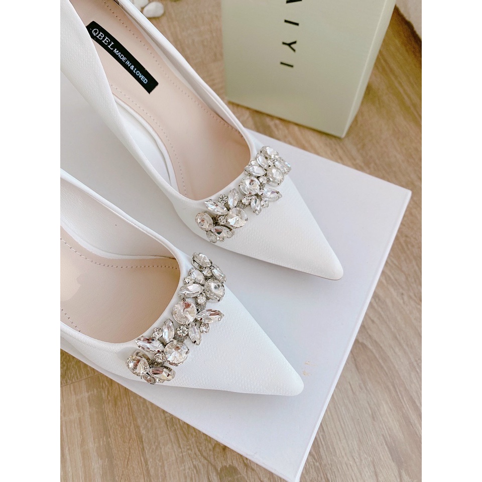 Giày cao gót lụa mịn dây đá ngang gót đũa nhỏ 9p HH78