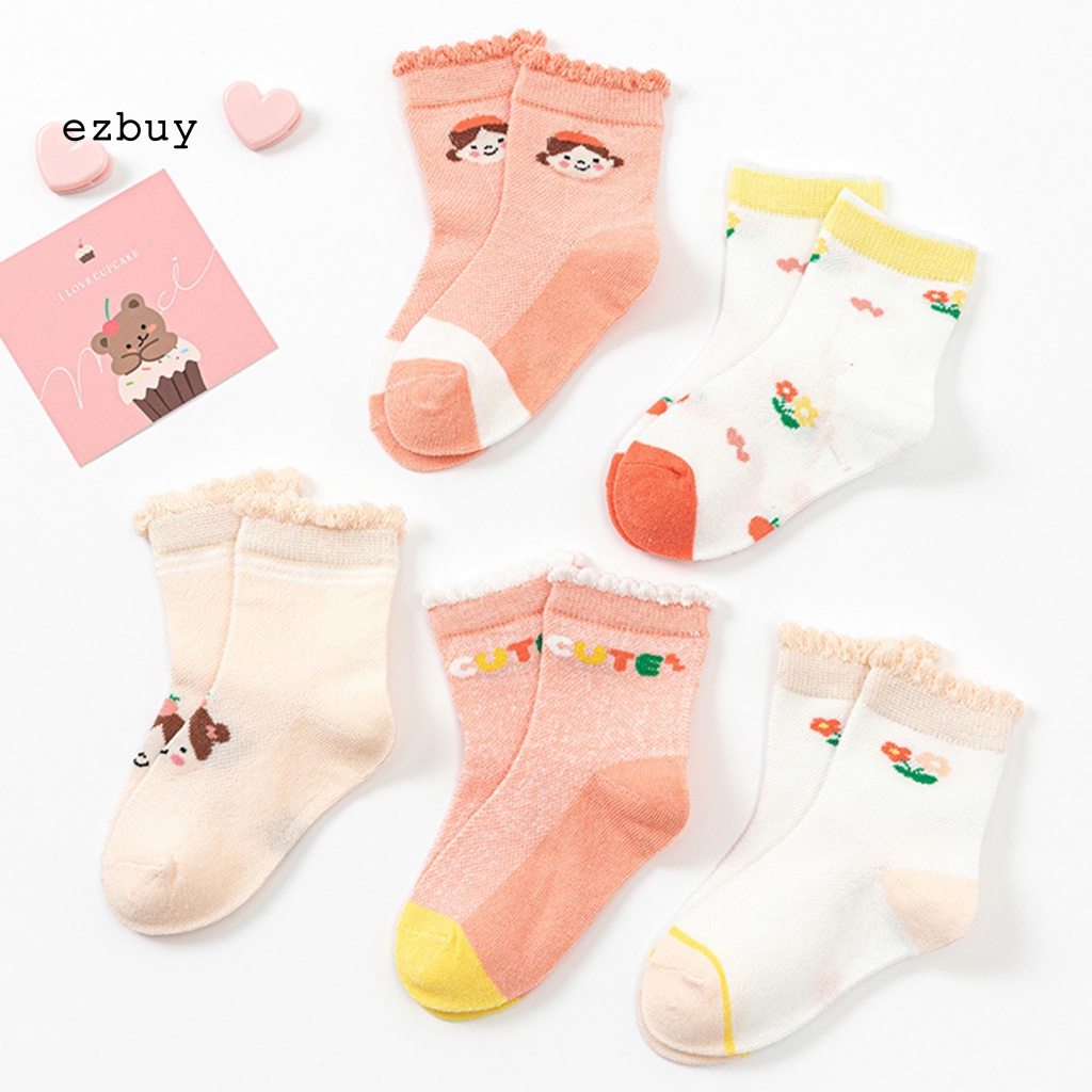 [EY] Set 5 Đôi Tất Lưới Mỏng Thoáng Khí Chống Mài Mòn In Họa Tiết Hoạt Hình Ngang Mắt Cá Chân Cho Bé Gái Trong Nhà