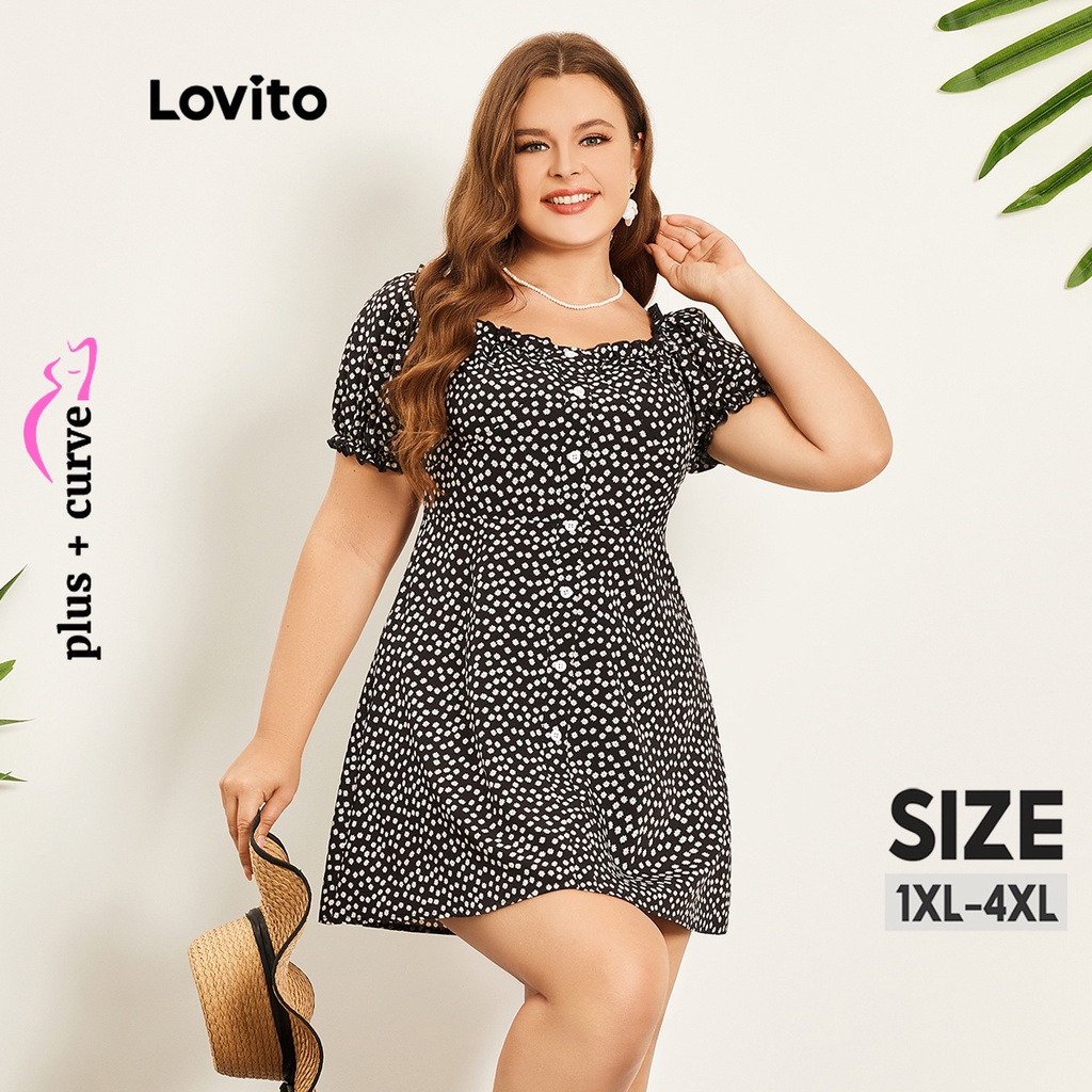 Đầm LOVITO tay phồng nút cài họa tiết hoa viền cong size lớn phong cách boho cho nữ LPS07046 (màu đen)